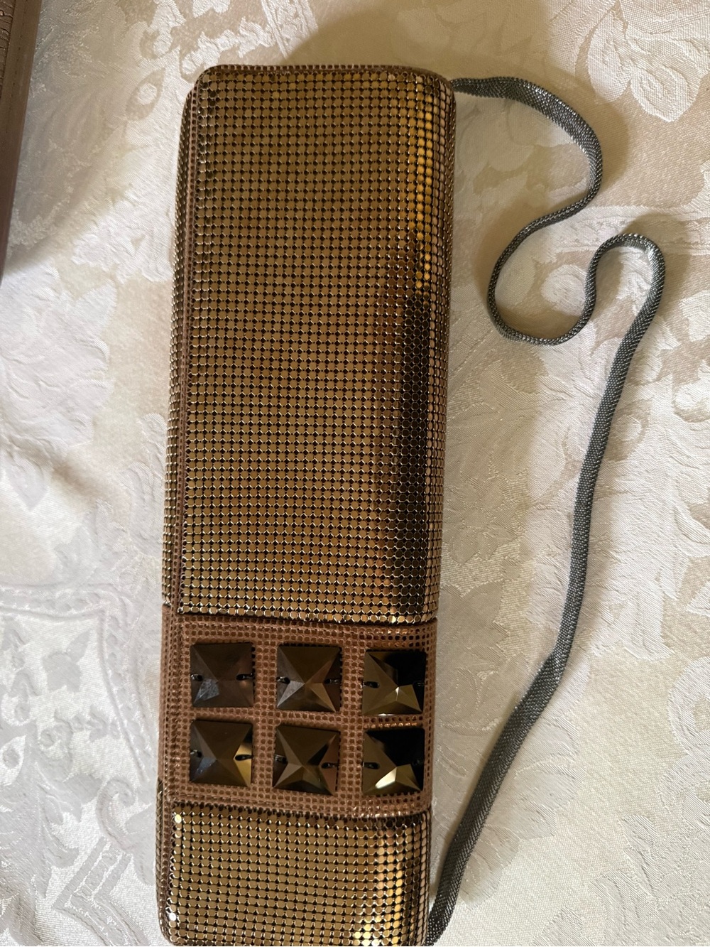 Whiting & Davis Brown Gold Metal Mesh Studded Convertible Clutch Bag - Picture 2 of 8